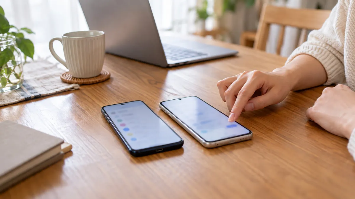 明るい自宅のテーブルに新旧二台のスマホを並べ、片方の画面を操作しながら機種変更の準備をする手元。