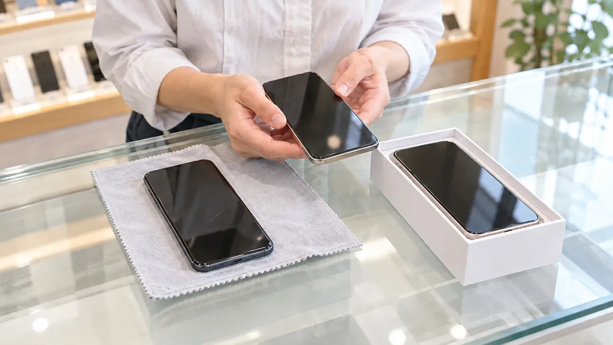 販売店のカウンターに箱入りや布の上のスマホを並べ、一台を手に取って外観の状態を確かめる場面。