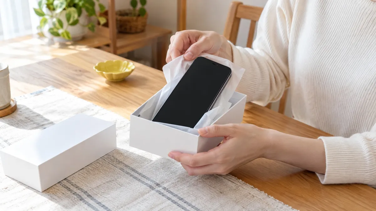 明るい自宅のテーブルで、届いたスマホの白い箱を開け、包み紙を持ち上げて本体を確認する手元。