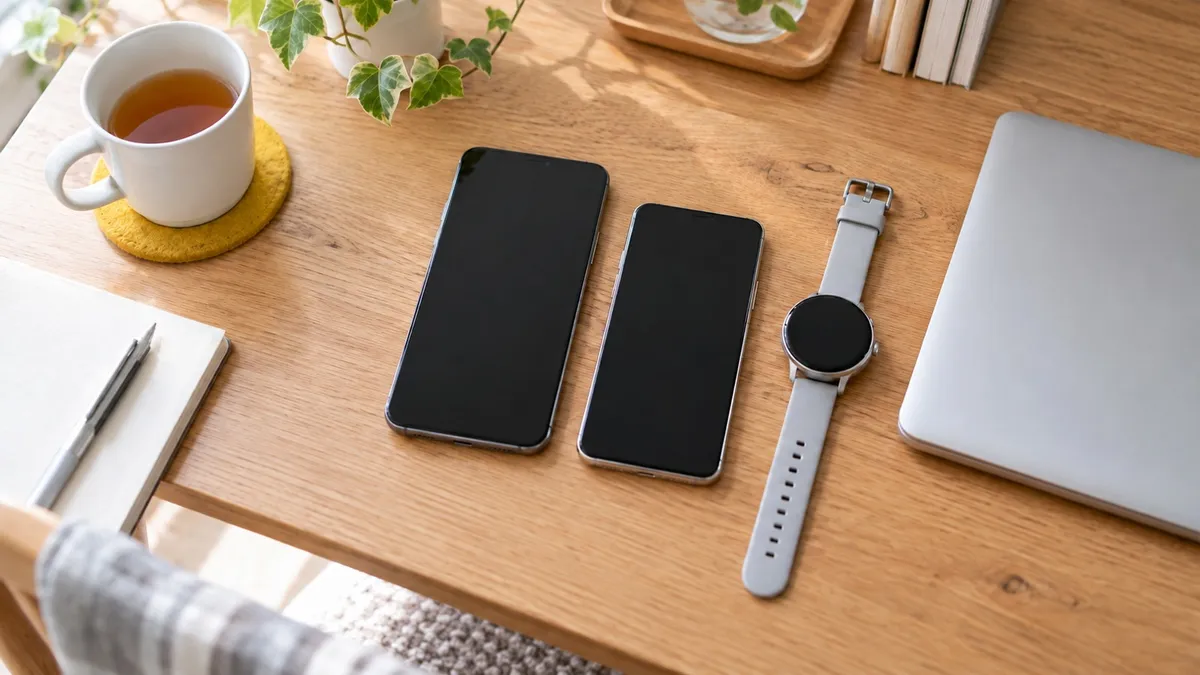 自宅の机に二台のスマホと腕時計、閉じたパソコンを並べ、手持ち機器との組み合わせを考える場面。