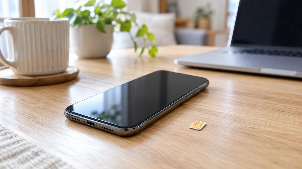 明るい自宅の机に画面を消したスマホと小さなSIMカードを並べ、携帯回線の利用準備をする場面。