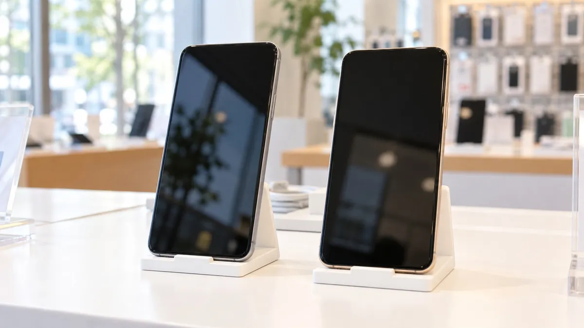 明るい店内の白いカウンターに、画面を消した同程度の大きさのスマホ二台を並べて見比べる場面。