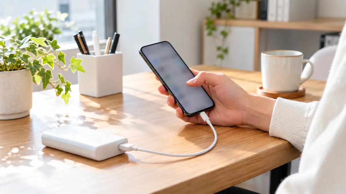 自然光の入る机で、モバイルバッテリーにつないだスマホを手に取り、充電中の画面を確かめる様子。