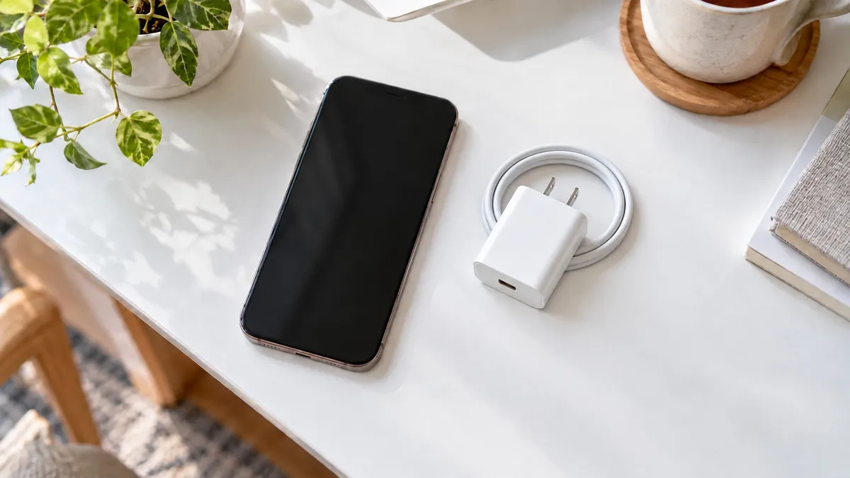 自然光の入る白い机にスマホと白い充電器、丸くまとめたケーブルを並べ、充電環境を確認する場面。